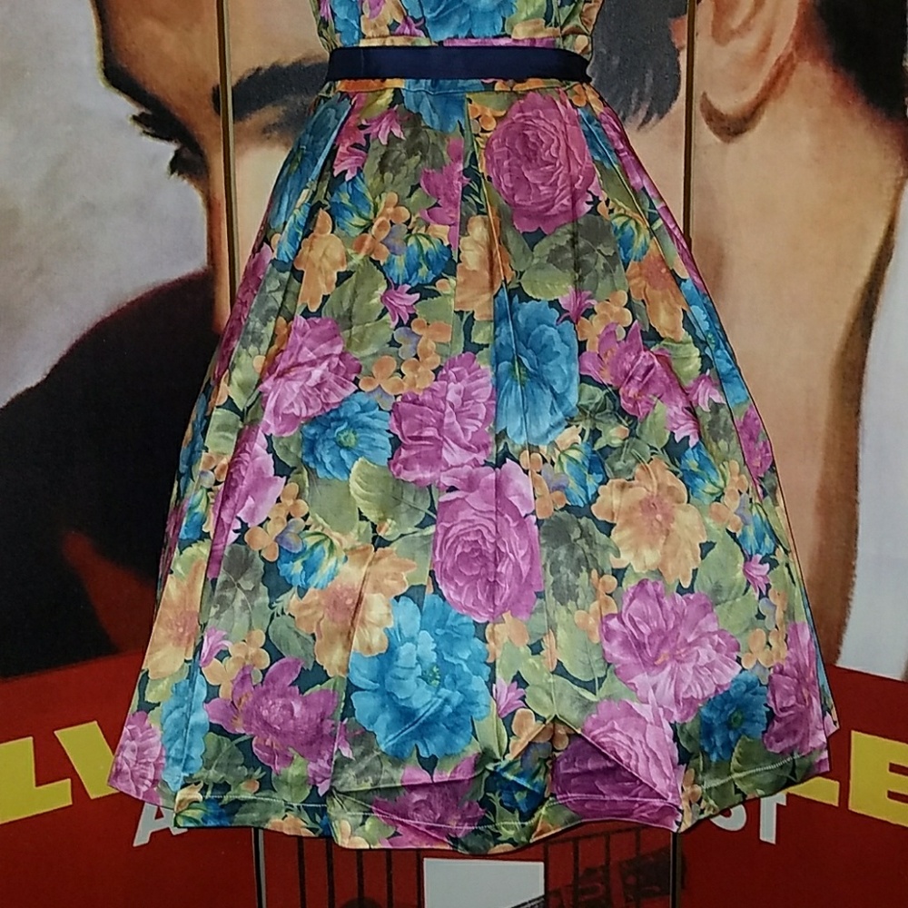Tatyana Mirabelle Vintage Pinup Floral Dress w Dark Blue Purple Inlay Top Lace - Picture 4 of 8